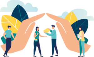 Illustrasjon av to store hender som holder over, beskytter, to personer